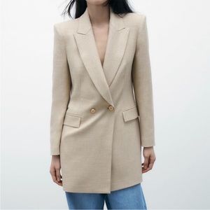 Zara Double Breasted Long Blazer in Taupe Brown
